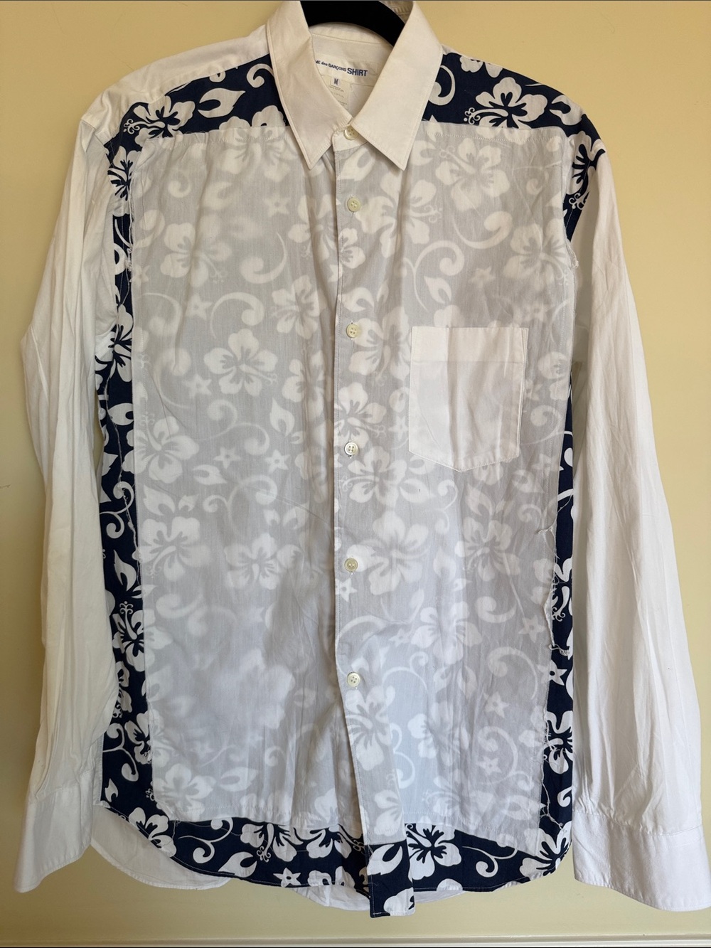 Comme des Garcons White and Navy Floral Panel Button-Down Shirt